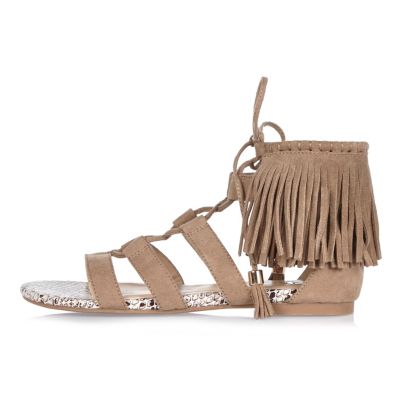 Brown fringed lace-up sandals